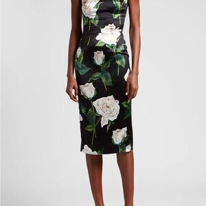 Dolce & Gabbana Black Midi Dress with White Rose Print
